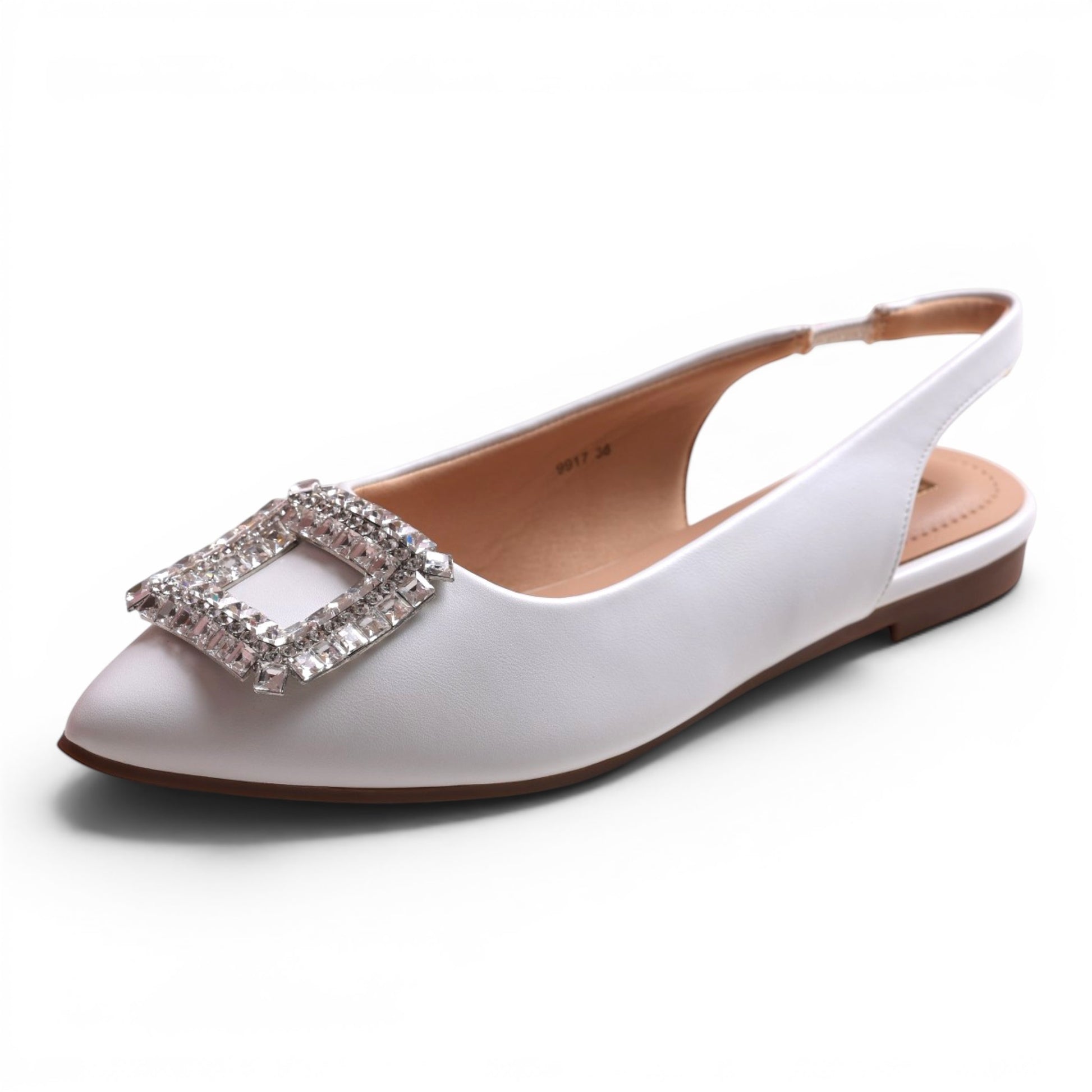 Moda Ug white satin-like pointed toe slingback flats with a square crystal buckle.