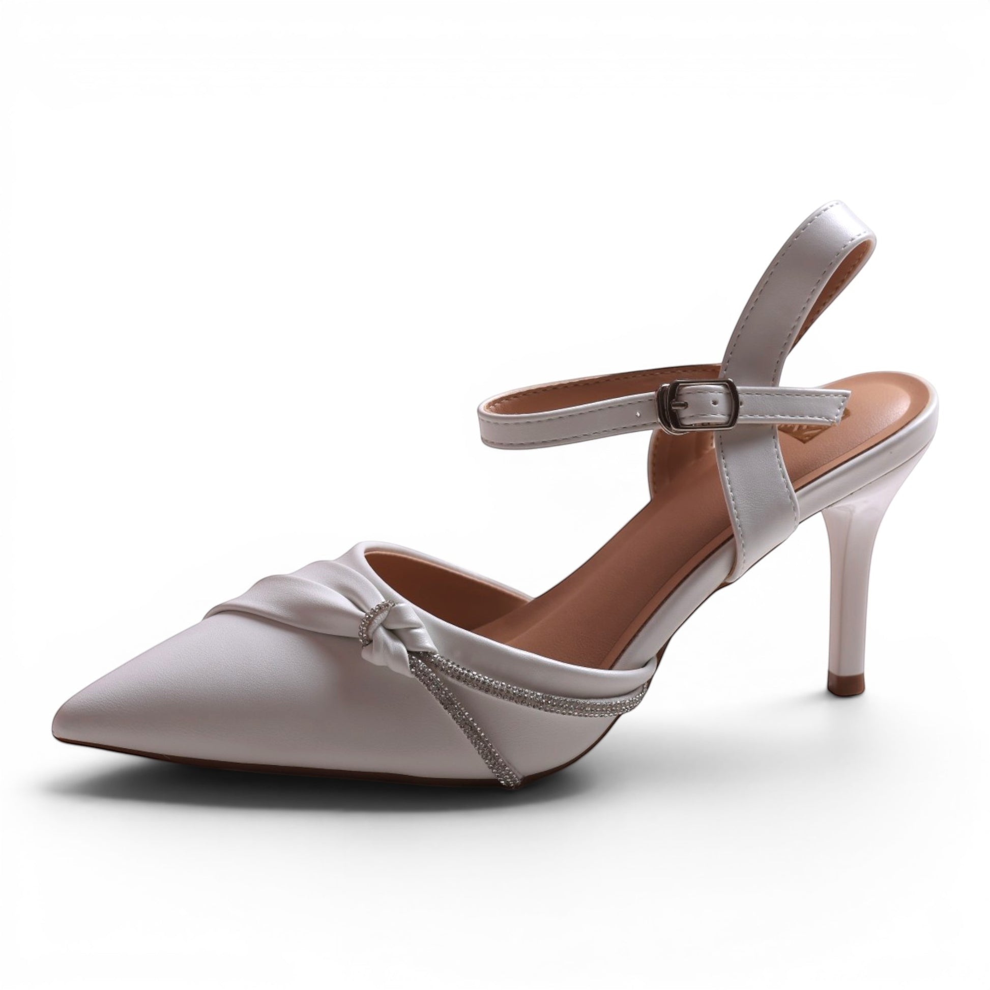 Moda Ug white satin pointed-toe slingback heels with ankle strap and rhinestone trim.