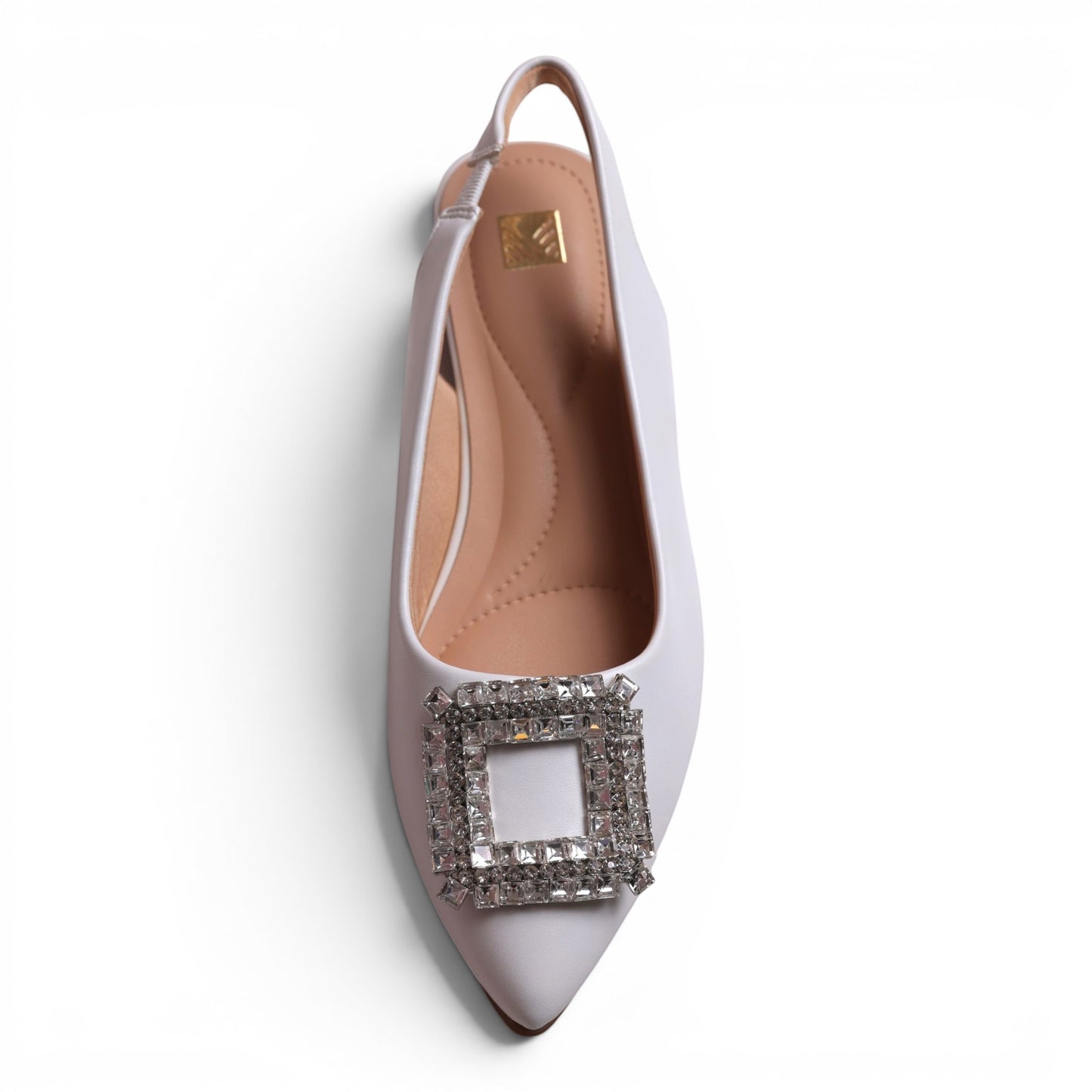 Moda Ug white satin-like pointed toe slingback flats with crystal square buckle. Comfortable and chic for any occasion.
