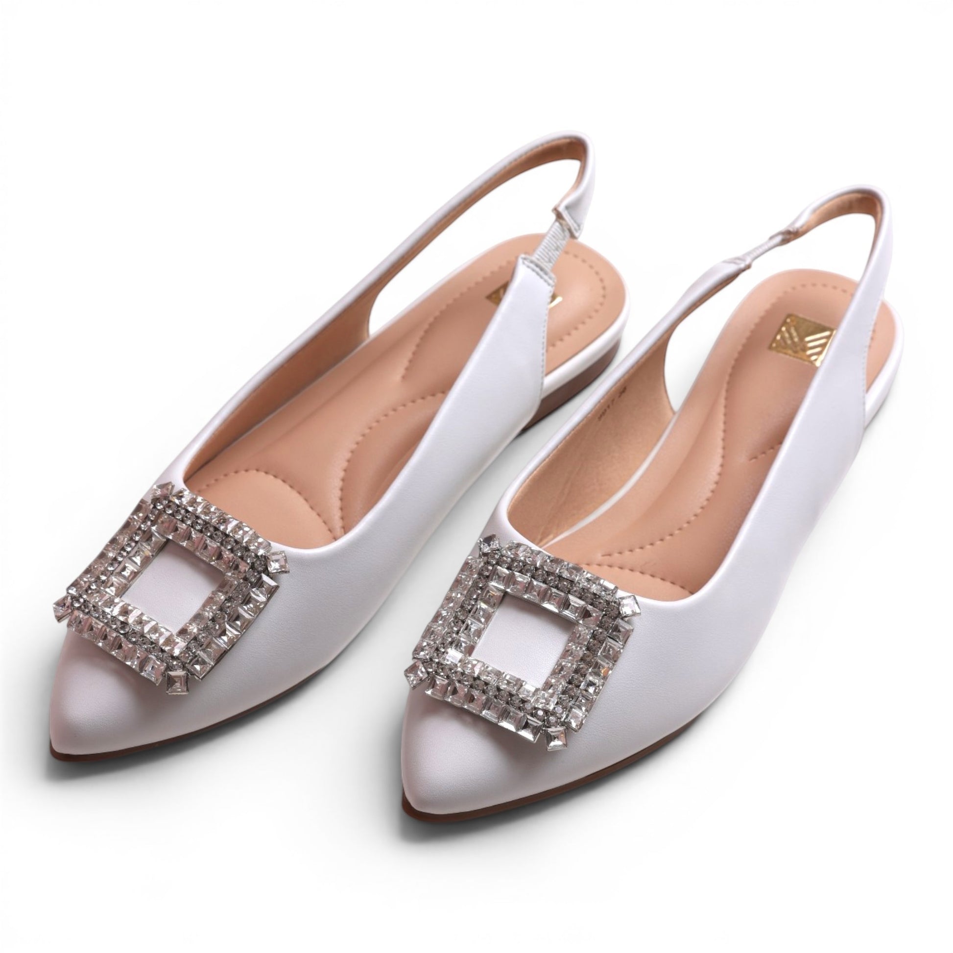 Moda Ug white satin-like pointed toe slingback flats with crystal square buckle.