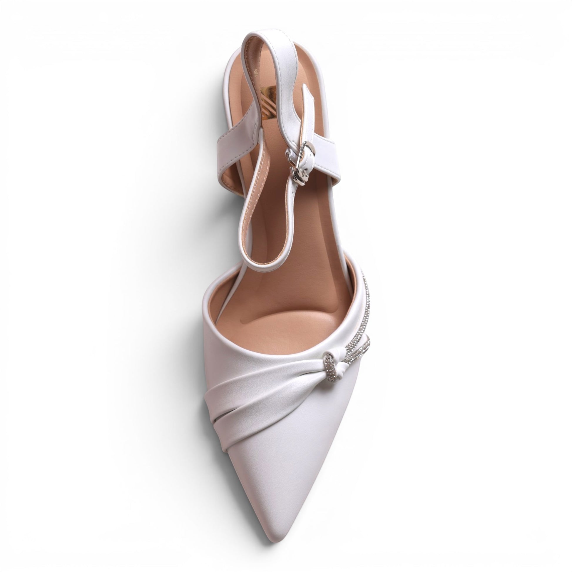 Moda Ug white pointed-toe slingback heels with knot and rhinestone detail