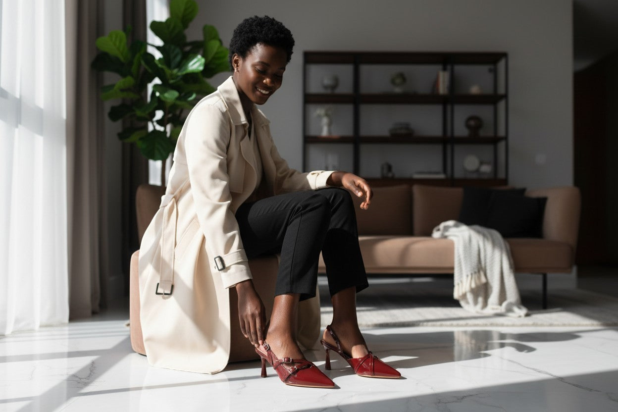 Moda Ug wine-red patent leather slingback heels with asymmetric straps and silver buckles, pointed toe, kitten heel.