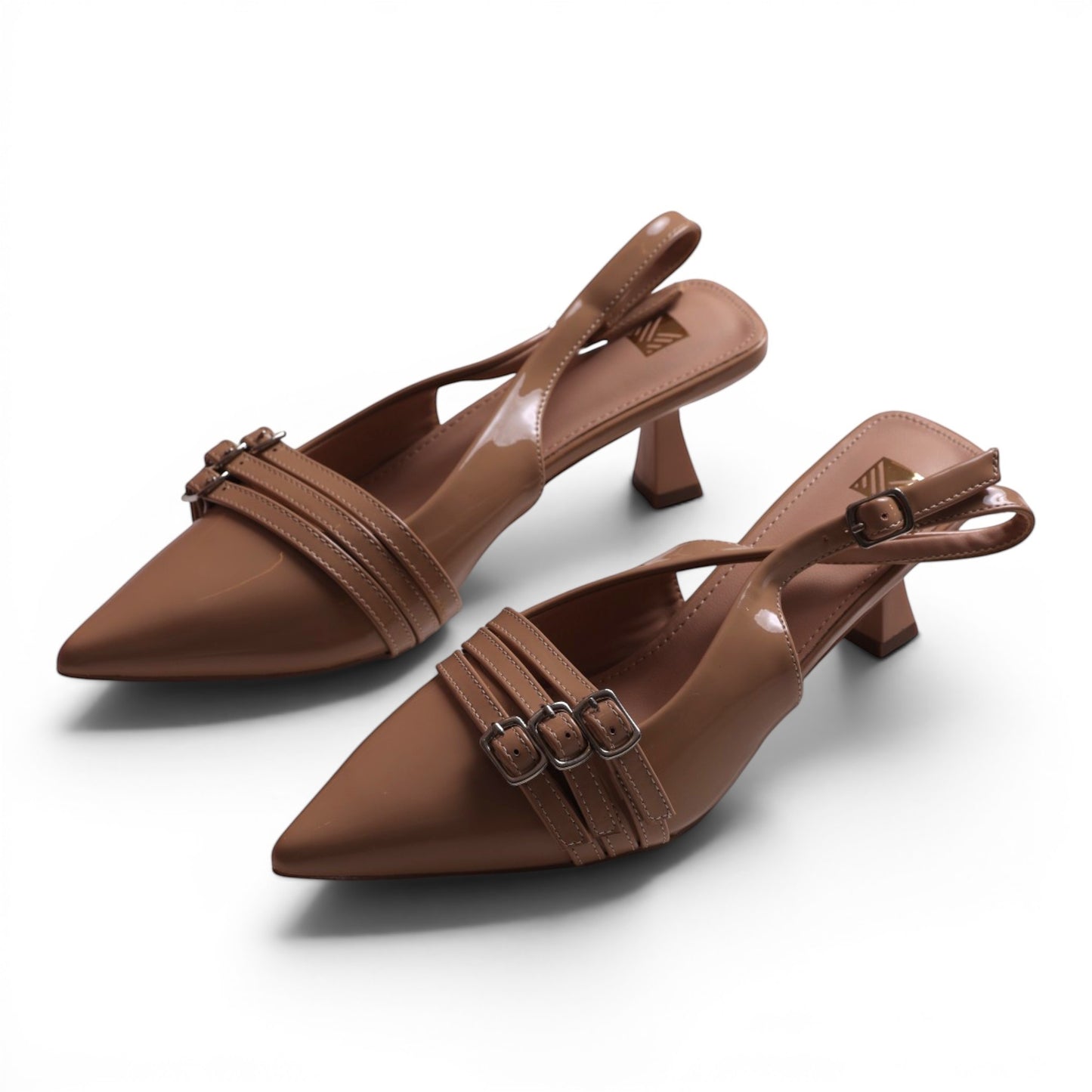Moda Ug Women's patent leather slingback kitten heel dress shoes in blush pink with pointed toe and triple buckle straps.
