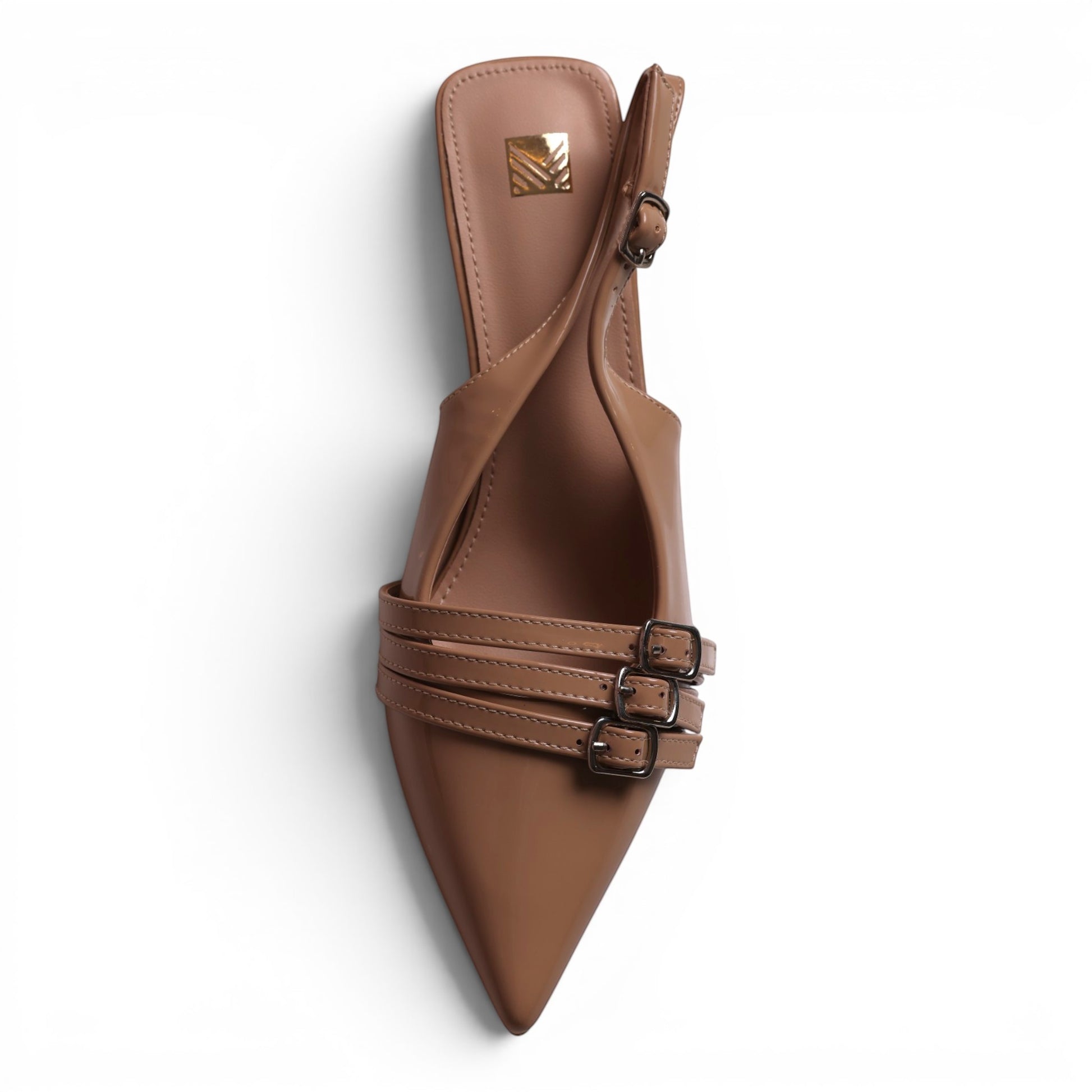 Moda Ug Women's slingback kitten heel dress shoes in patent nude with pointed toe and triple buckle straps.