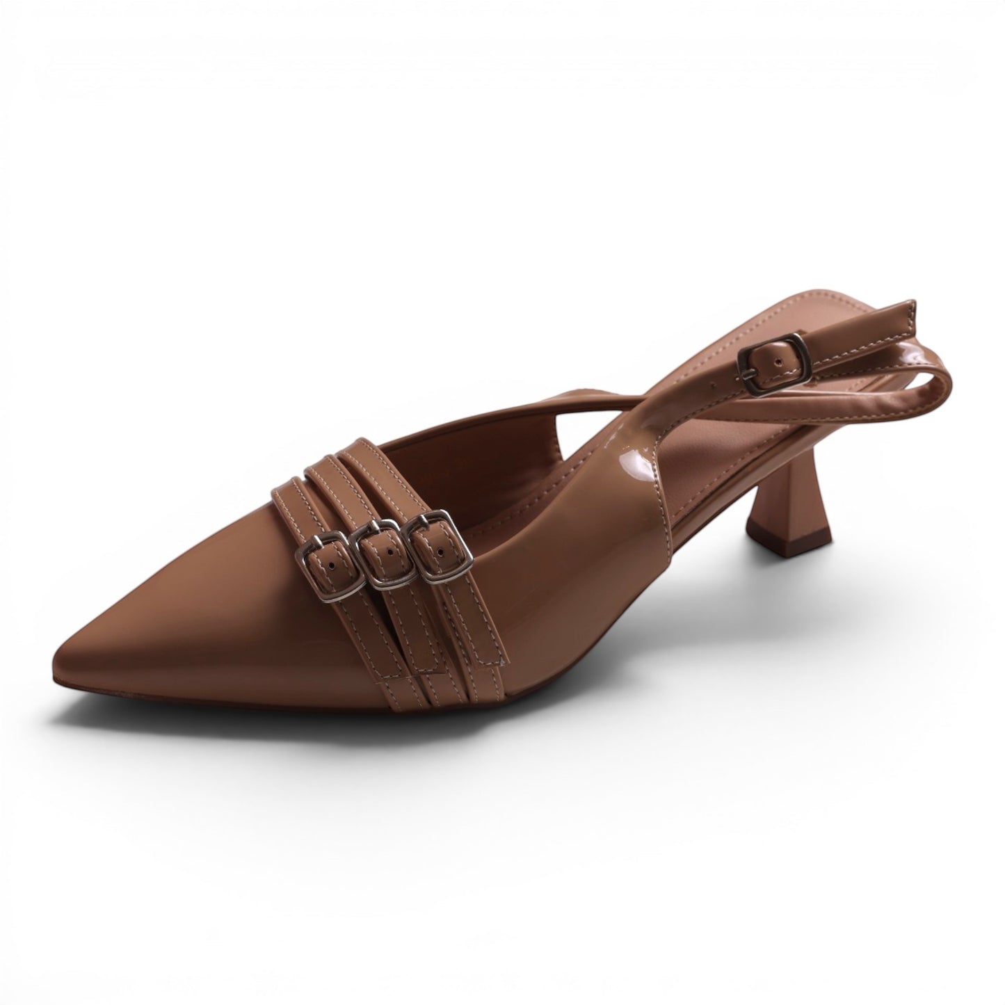 Moda Ug Women's slingback kitten heel dress shoes in glossy patent nude with pointed toe and triple buckle straps.