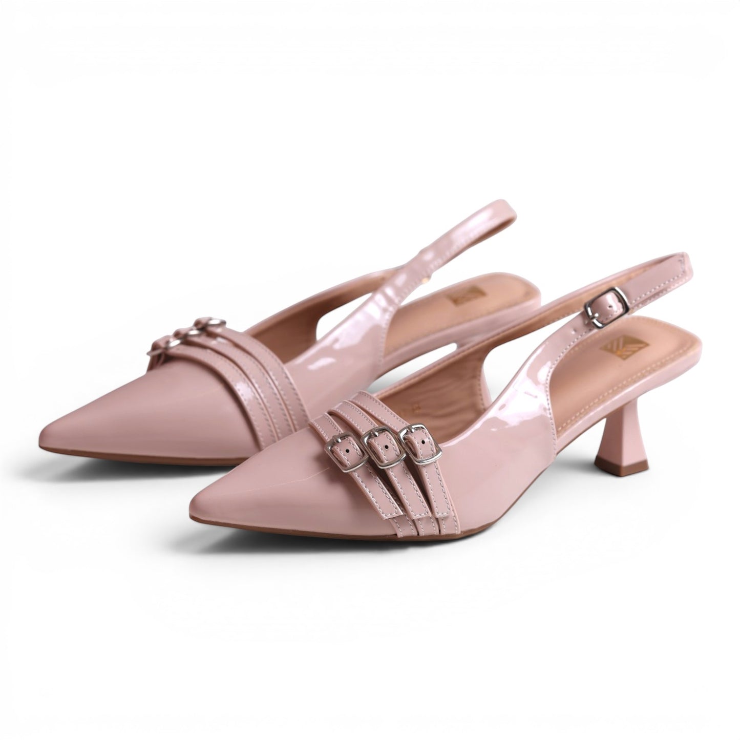 Moda Ug Women's blush pink patent slingback kitten heel dress shoes with pointed toe and triple buckle straps.