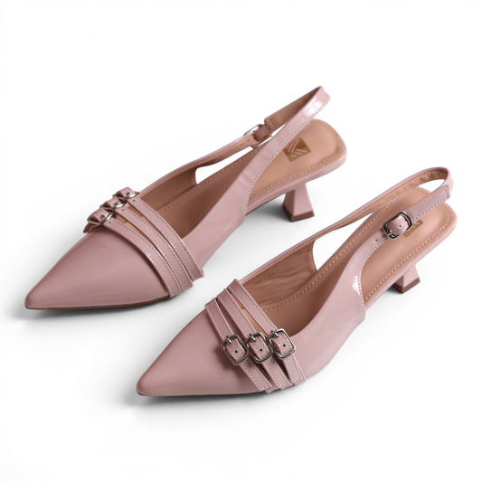 Moda Ug Women's blush pink patent slingback kitten heel dress shoes with pointed toe and triple strap buckle detail.
