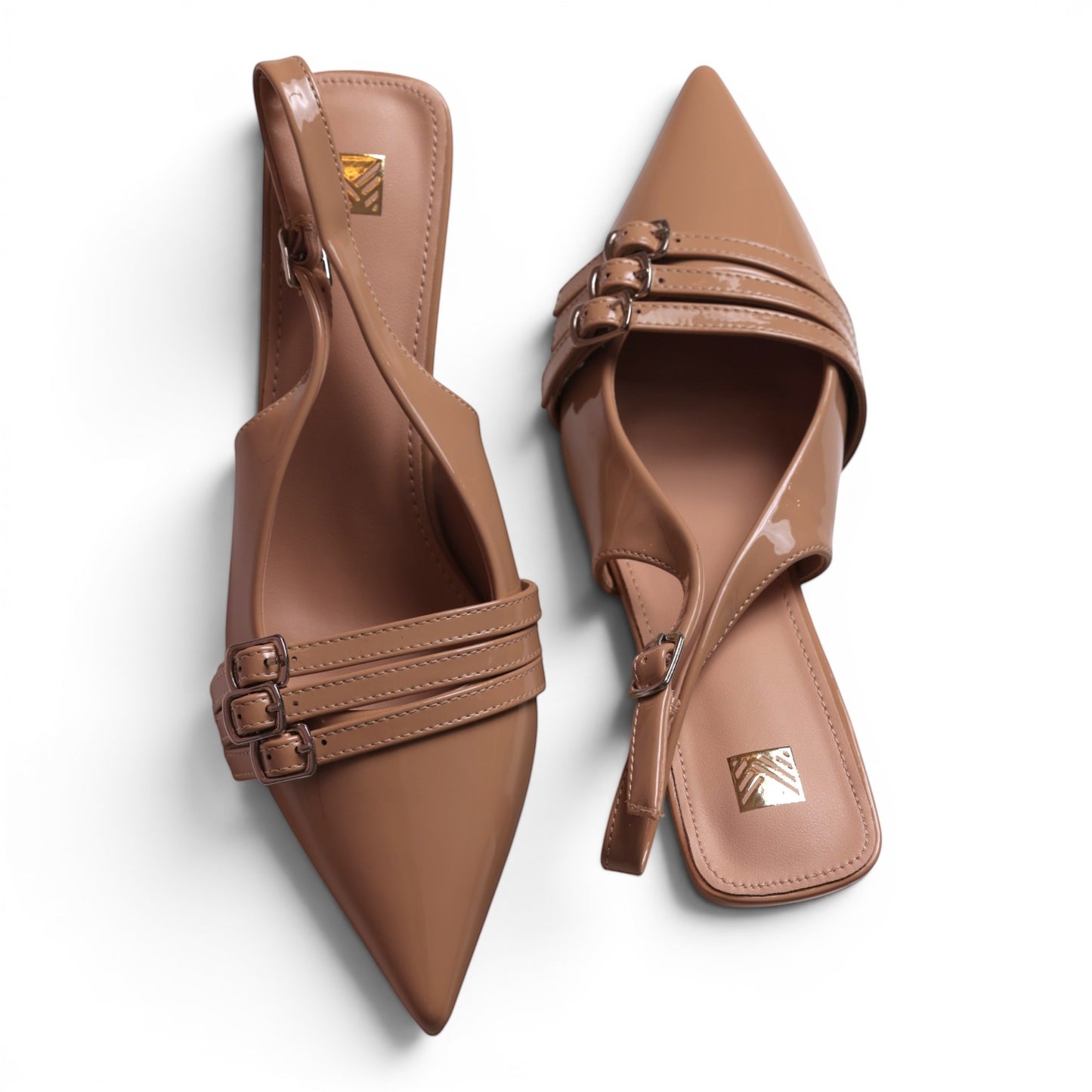 Moda Ug Women's patent leather slingback kitten heel dress shoes in tan with pointed toe and triple buckle straps.