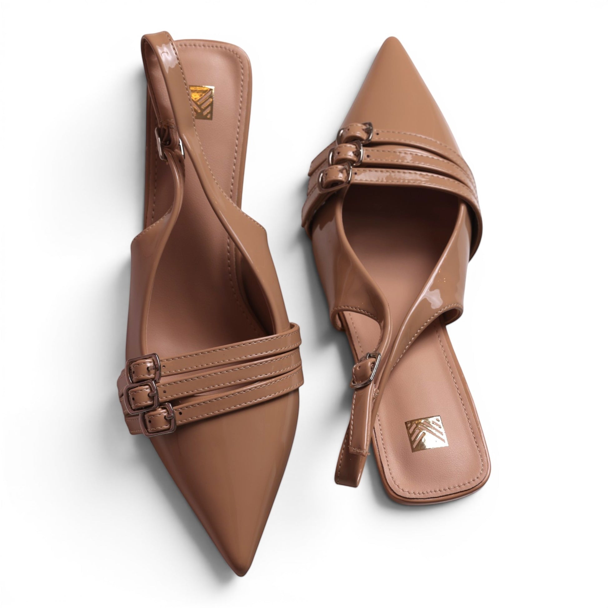 Moda Ug Women's patent leather slingback kitten heel dress shoes in tan with pointed toe and triple buckle straps.