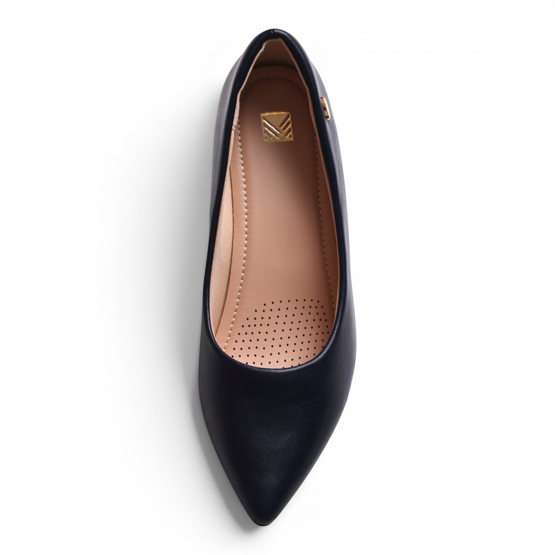 Moda Ugo navy blue pointed toe ballet flats with a gold logo accent.