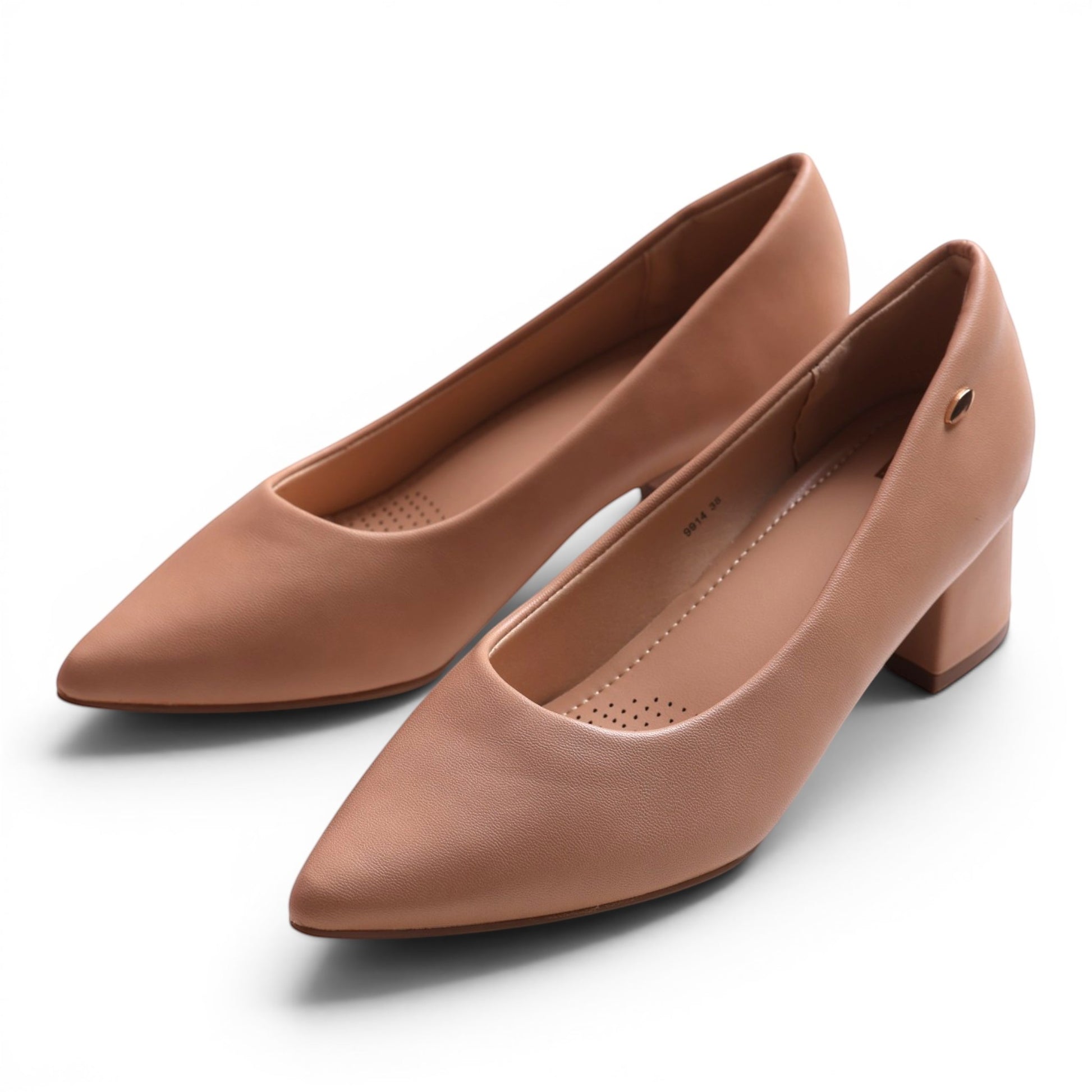 Moda Ugo women's tan leather pointed-toe block heel pumps.